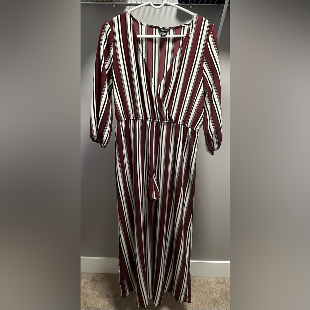 RUE 21 size LARGE maroon,white & black striped maxi romper with shorts.